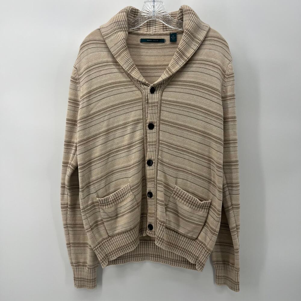 Perry Ellis Beige Cardigan Sweater Women's M / Men's S Collar Knit Boho Preppy